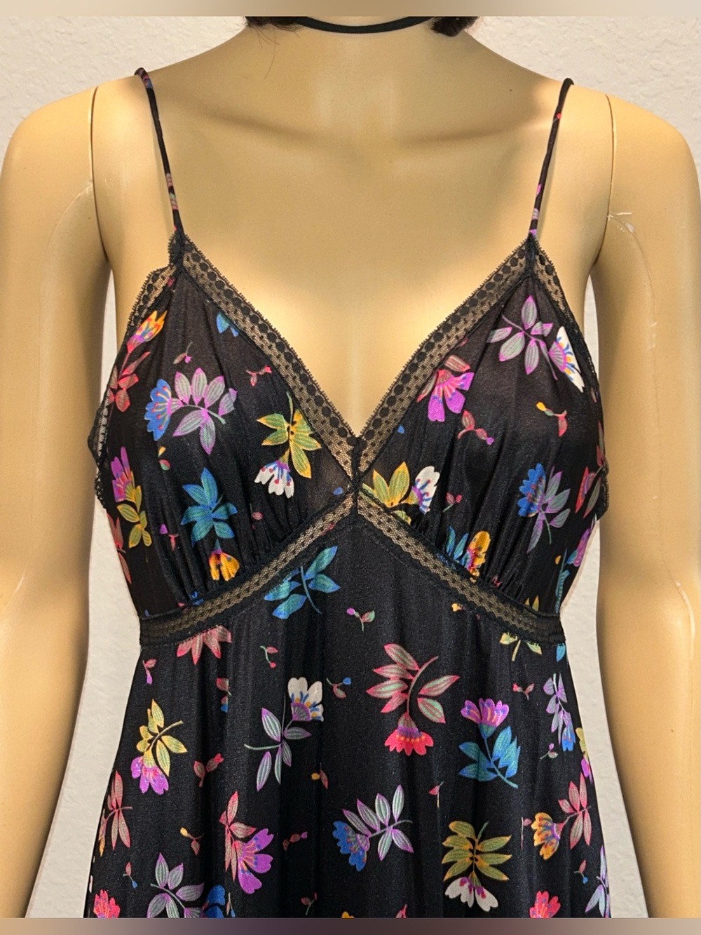 Vanity Fair Black Floral Satin Chemise with Lace Trim